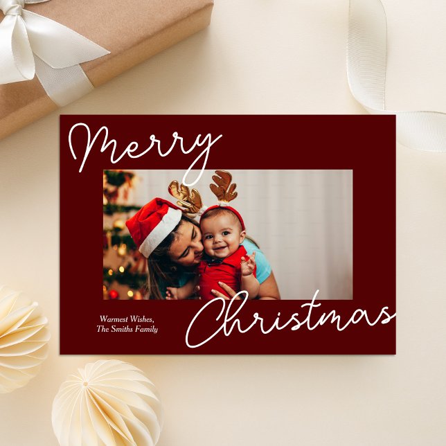 Red Calligraphy Merry Christmas Modern Photo Holiday Card (Creator Uploaded)