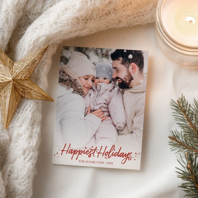 Red Calligraphy Photo Happiest Holidays Christmas Postcard (Creator Uploaded)