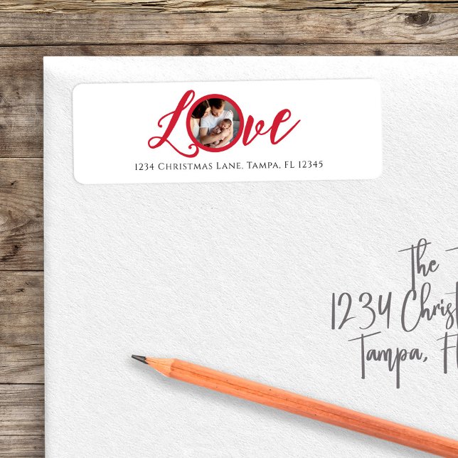 Red Calligraphy Script Photo Love  (Love photo typography template return address label)