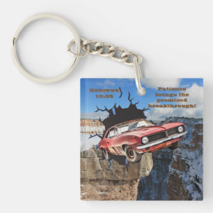 Red Camaro Mountain Cliff Christian Scripture  Key Ring