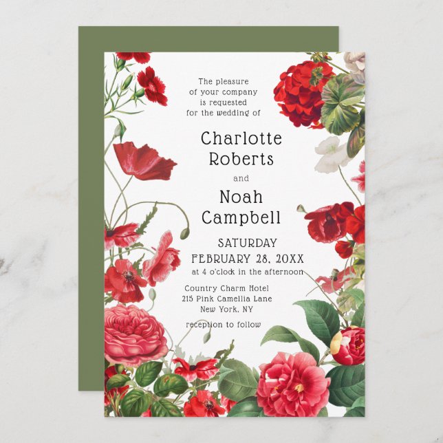 Red Camellia Country Flower Modern Floral Wedding Invitation (Front/Back)