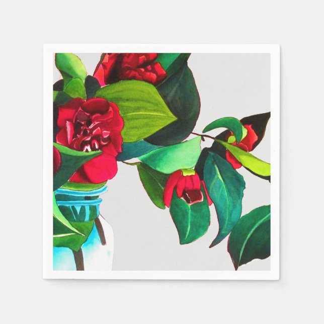Red Camellia floral flower art homeware Napkin (Front)