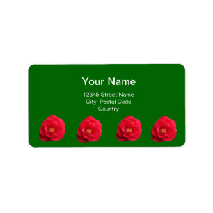 red camellia flowers green address label