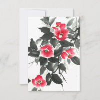 Red camellia sumie ink and watercolor painting