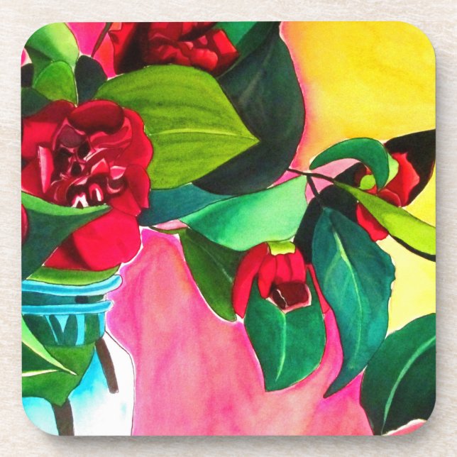 Red Camellias flower art Coaster (Front)