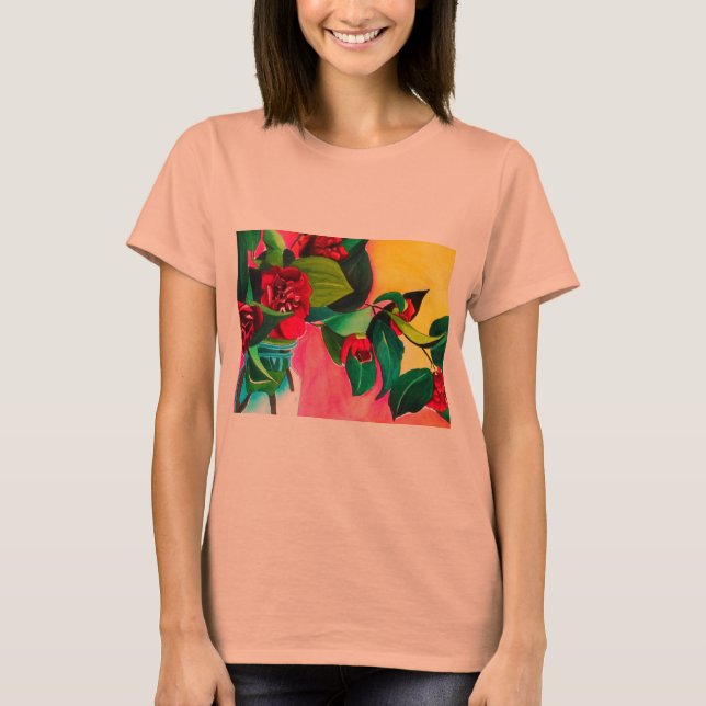 Red Camellias flower art T-Shirt (Front)