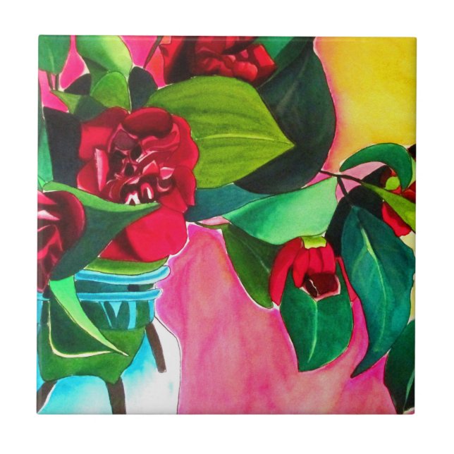 Red Camellias flower art Tile (Front)