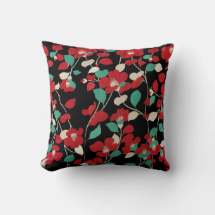 RED CAMELLIAS,WHITE GREEN LEAVES BLACK Dark Floral Cushion