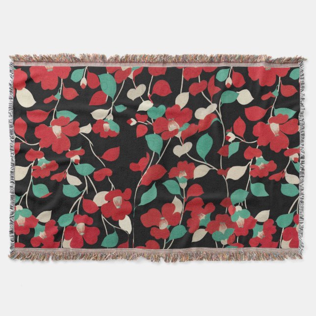 RED CAMELLIAS,WHITE GREEN LEAVES BLACK Dark Floral Throw Blanket (Front)