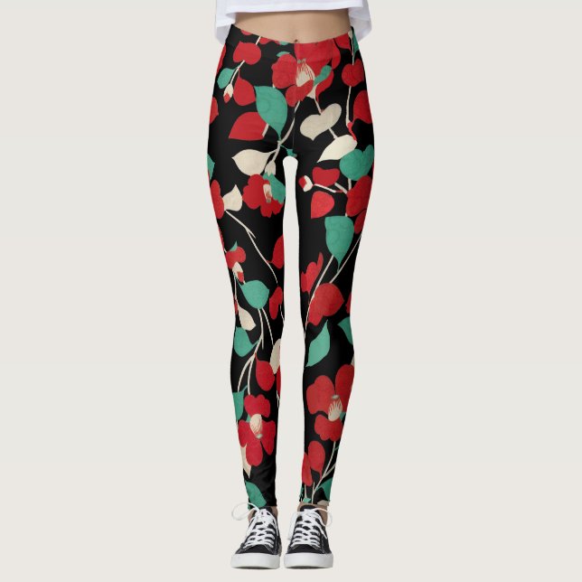 RED CAMELLIAS,WHITE GREEN LEAVES BLACK Floral Leggings (Front)