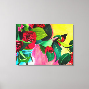 Red Camellias with green foliage watercolor flower Canvas Print