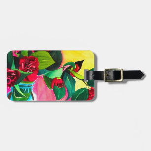 Red Camellias with green Luggage Tag