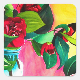 Red Camellias with green Square Sticker