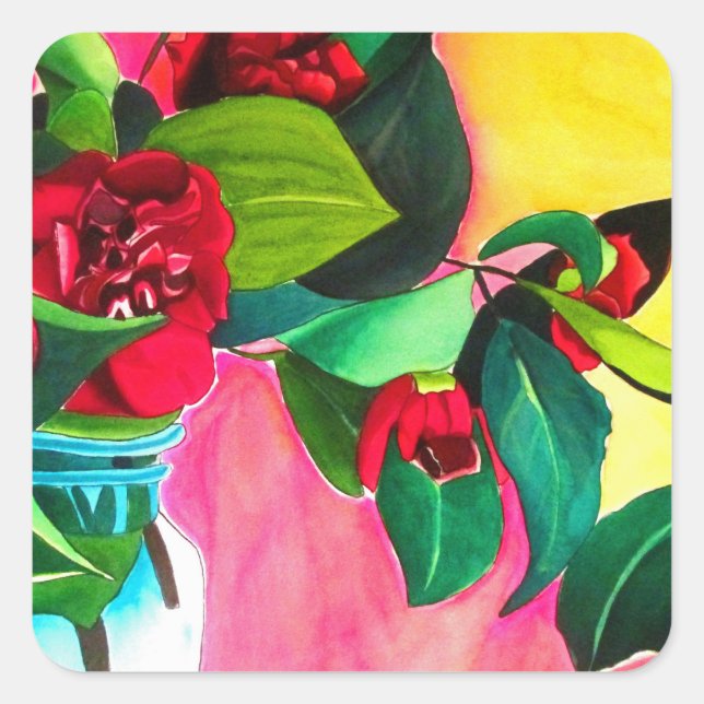 Red Camellias with green Square Sticker (Front)