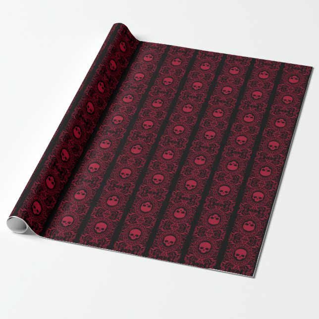 Red Cameo Damask Skulls on Black Wrapping Paper (Unrolled)