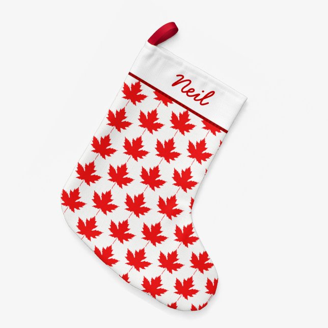 Red Canadian Maple Leaf Pattern Custom Canada Small Christmas Stocking (Front (Hanging))