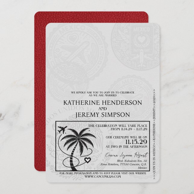 Red Cancun Passport Wedding Invitation (Front/Back)