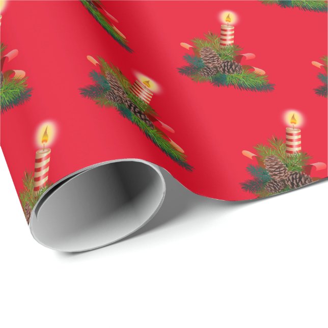 Red Candle Themed Holiday Christmas Gift Wrap (Roll Corner)