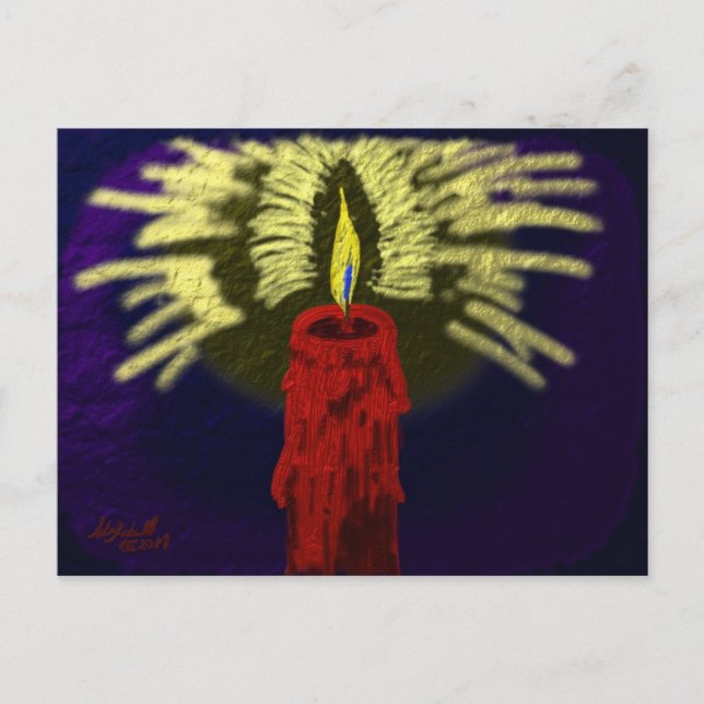 red candle with golden light, night-blue back postcard (Front)