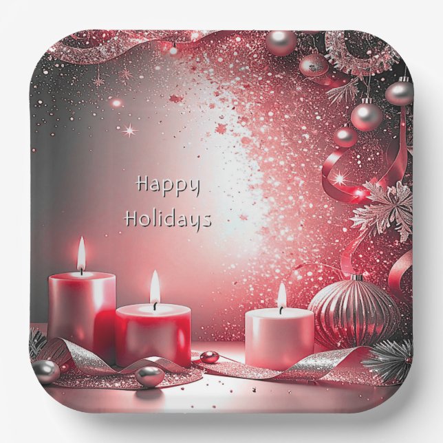 Red Candles Christmas Holiday Paper Plate (Front)