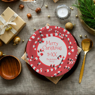 Red Candy Cane Border Family Christmas Party Paper Plate