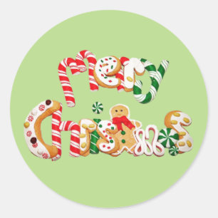 Red Candy Cane Gingerbread Cookie Merry Christmas Classic Round Sticker