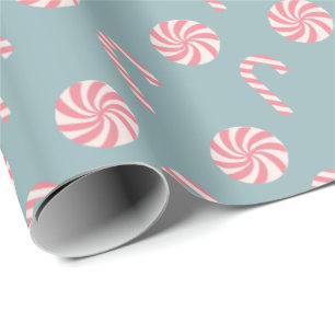 Red Candy Cane Pattern Slate Blue Wrapping Paper