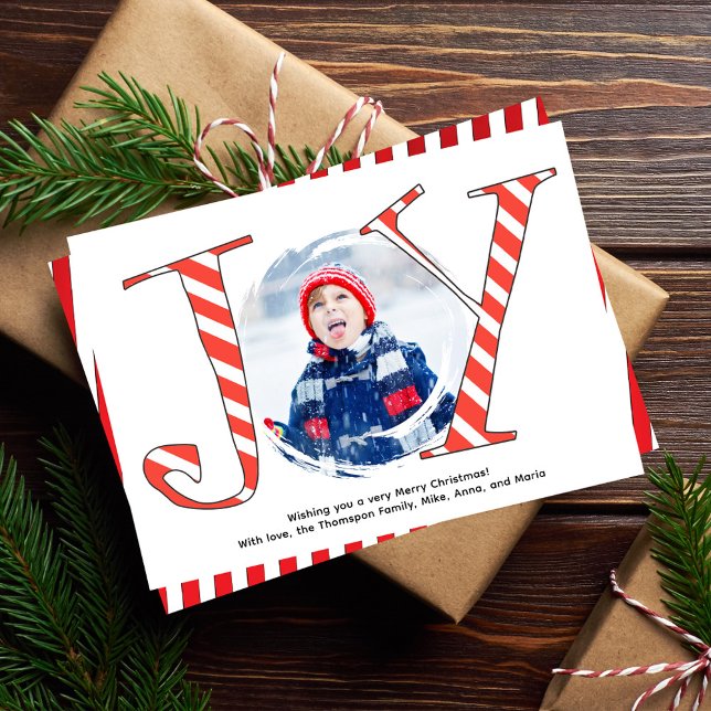 Red Candy Cane Stripe Christmas Photo Joy Holiday Card (Joy typography Christmas photo card template. )