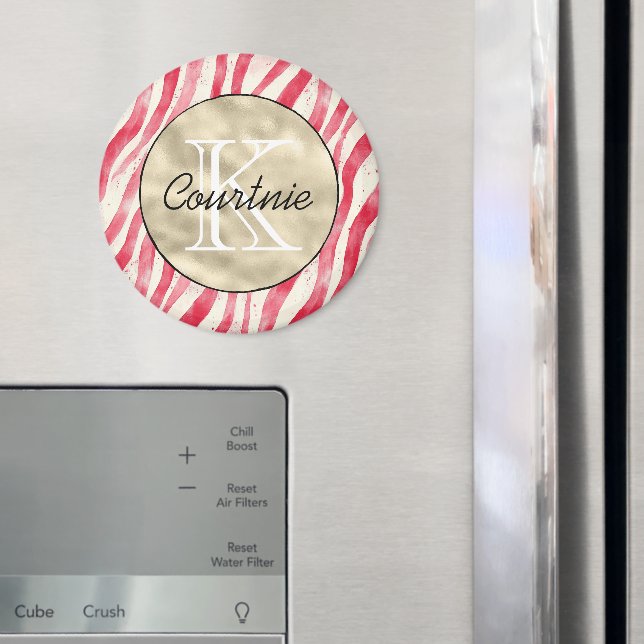 Red Candy Cane Stripes Gold Monogram      Magnet (In Situ (Fridge))