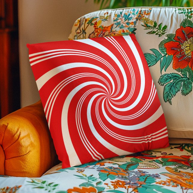 Red Candy Cane Twirl Cushion (Red Candy Cane Twirl Throw Pillow)