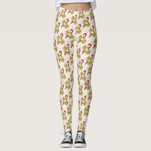 Red Candy Canes Gold Ribbons on White Christmas Leggings