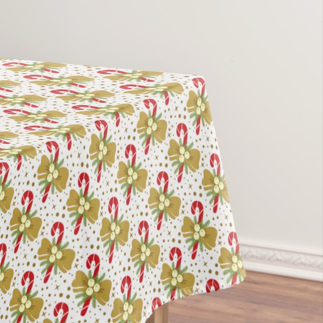 Red Candy Canes Gold Ribbons on White Christmas Tablecloth (In Situ)