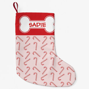 Red Candy Canes Pattern And Dog Bone With Name Small Christmas Stocking
