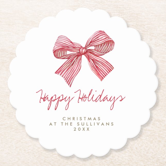 Red Candy Stripe Bow Personalized Holiday Party Paper Coaster (Front)