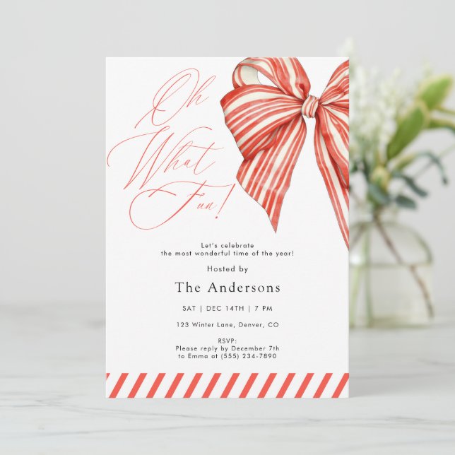 Red Candy Stripe Oh What Fun Christmas Party Invitation (Standing Front)