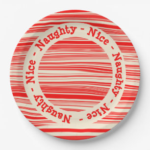 Red Candy Stripes Naughty Nice Christmas  Paper Plate