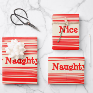  Red Candy Stripes Naughty Nice Christmas Wrapping Paper Sheet