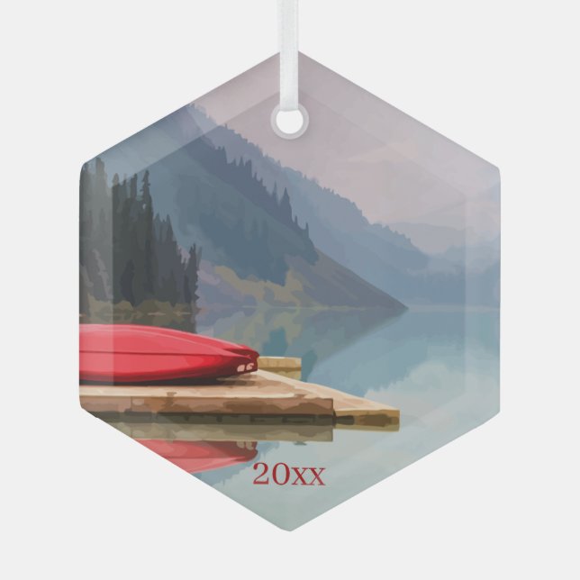 Red Canoe Mountain Lake Scenic Wilderness Custom Glass Tree Decoration (Front)