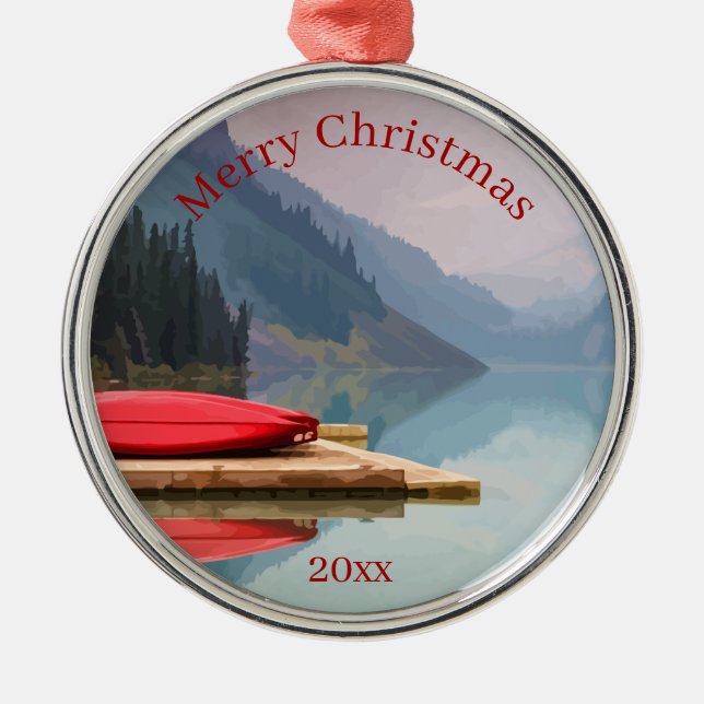 Red Canoe Mountain Lake Scenic Wilderness Custom Metal Tree Decoration (Front)