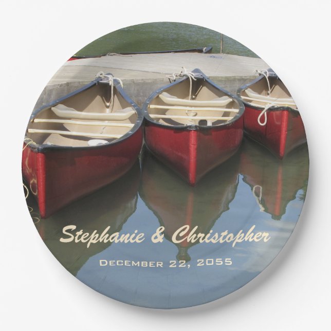 Red Canoes Wedding Name and Date Paper Plate (Front)