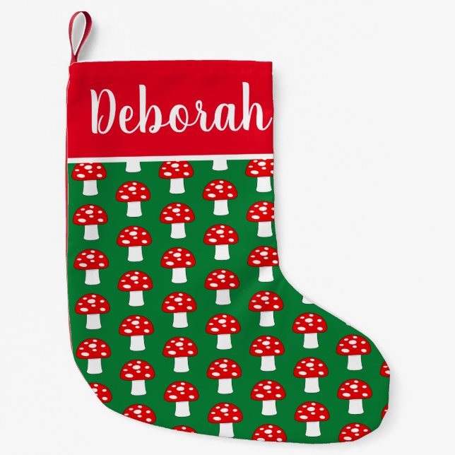 Red cap mushroom with white spots pattern custom small christmas stocking (Front)