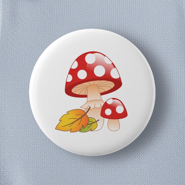 Red Cap Toadstool Mushrooms and Leaves 6 Cm Round Badge (Creator Uploaded)