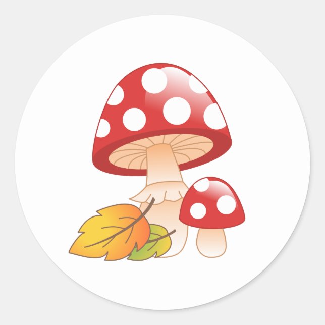 Red Cap Toadstool Mushrooms and Leaves Classic Round Sticker (Front)