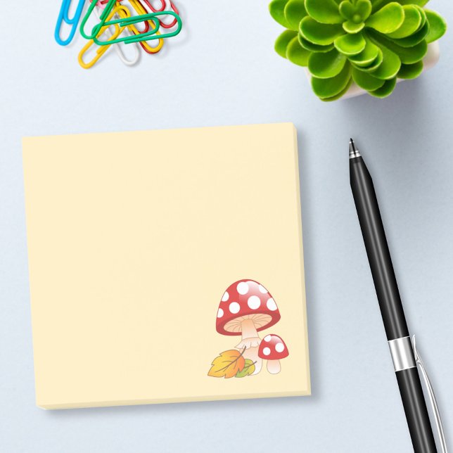 Red Cap Toadstool Mushrooms and Leaves on Yellow Post-it Notes (Creator Uploaded)