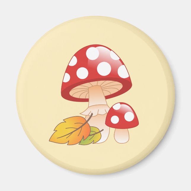 Red Cap Toadstool Mushrooms with Leaves on Yellow Magnet (Front)