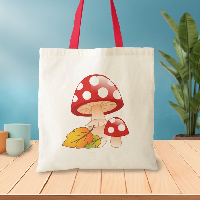 Red Cap Toadstool Mushrooms with Leaves Tote Bag (Creator Uploaded)