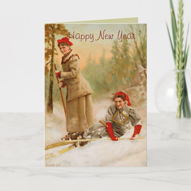 red cap women on a ski tour holiday card (Front)
