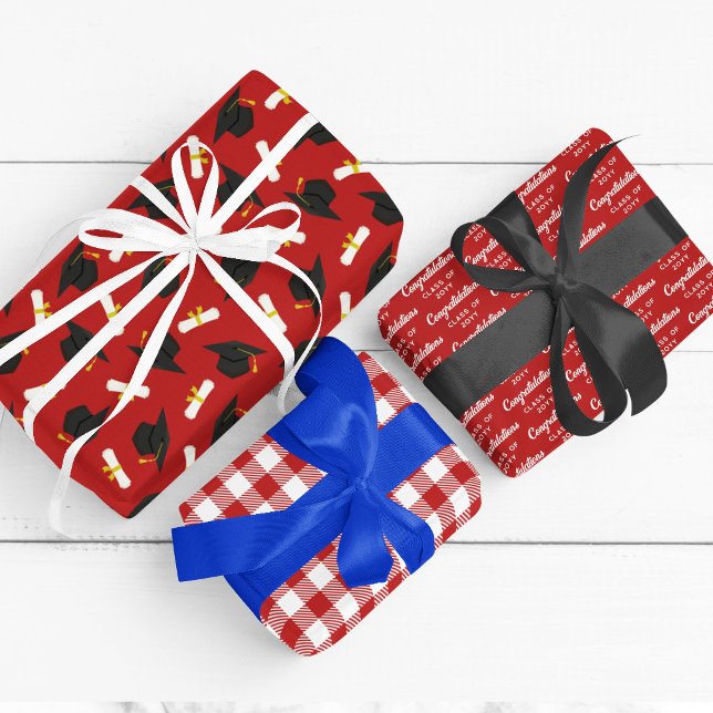 Red Caps Diplomas Mixed Graduation Patterns Wrapping Paper Sheet (Creator Uploaded)