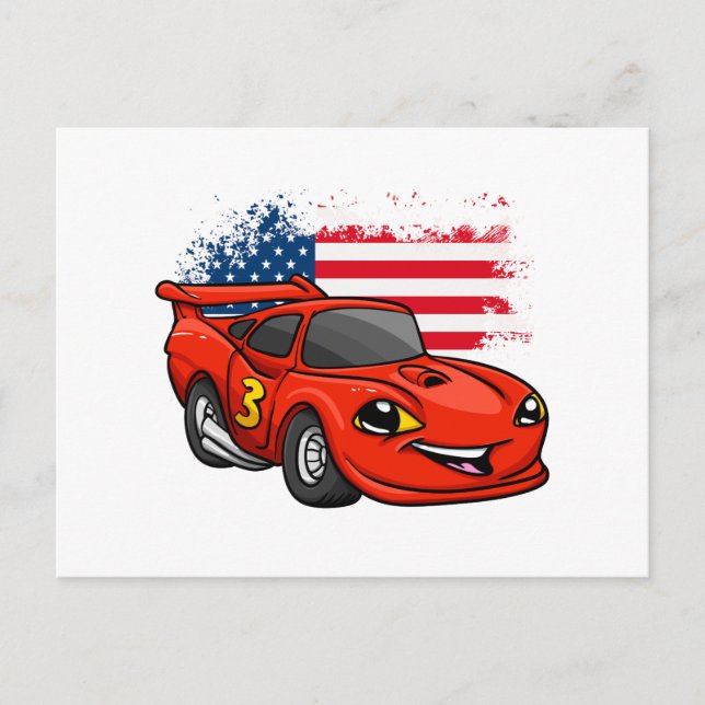 Red car american flag cartoon -Choose back colour Postcard (Front)