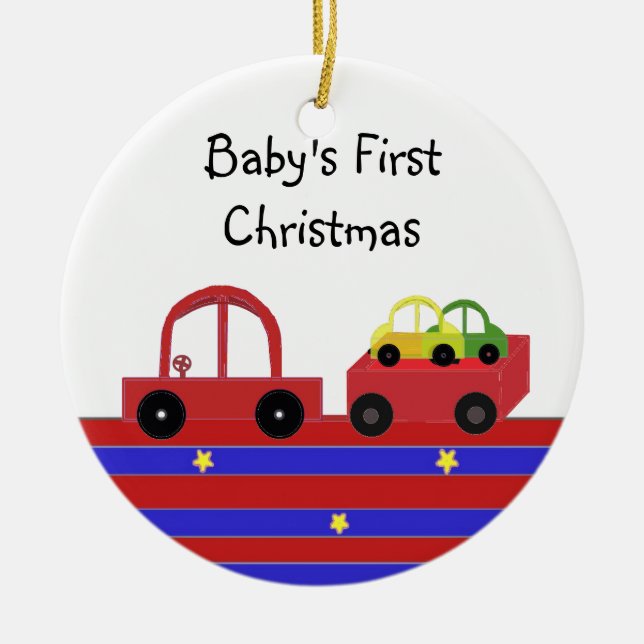 Red Car and Wagon Baby's First Christmas Ceramic Tree Decoration (Front)